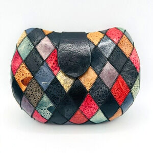 Vintage Harlequin Diamond Exotic Frog Skin Clutch‎ Shoulder Bag 1970's Art Deco
